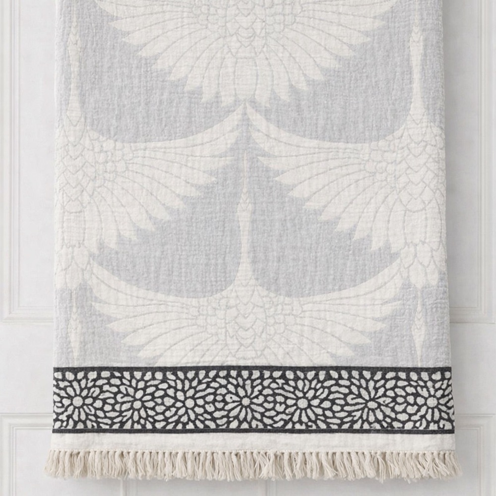 Modern Woven Birds in Flight Cranes Throw Blanket Dove Gray + Cream Size 55x77